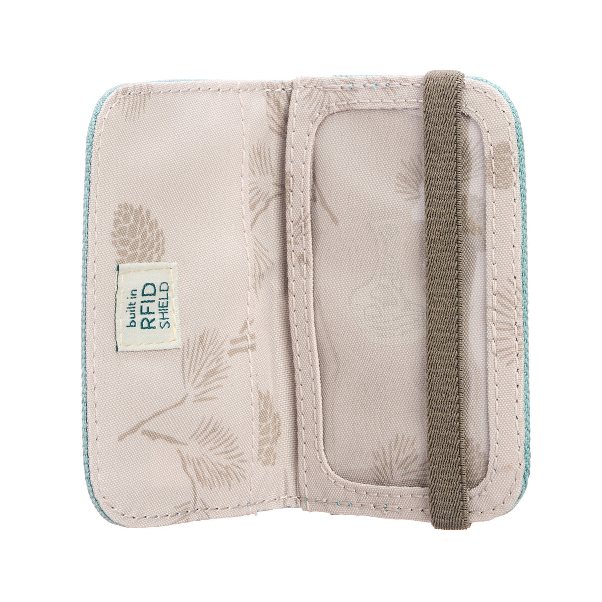 Small beige wallet with floral patterns and a visible 'RFID shield' tag on a white background