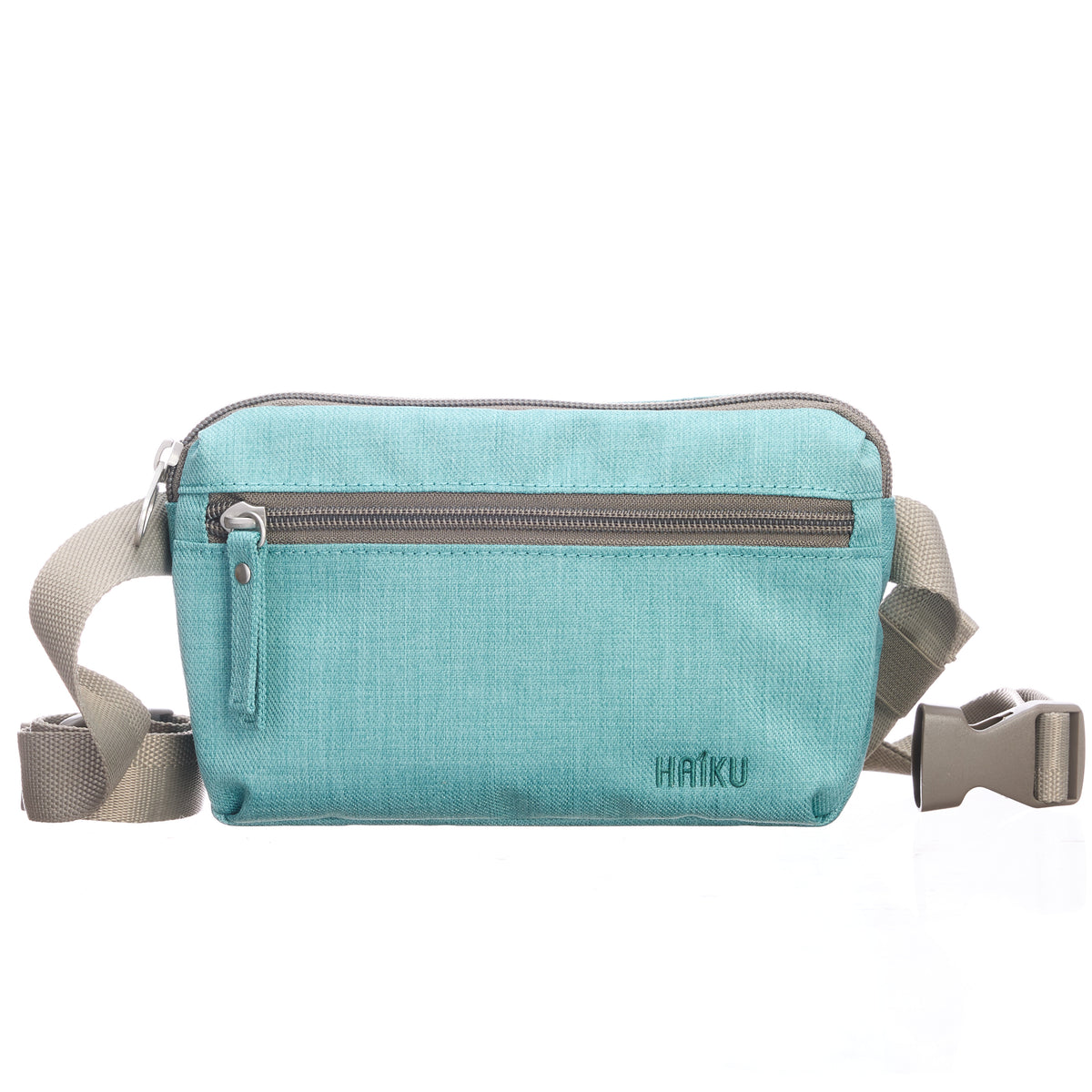 Teal waist bag with a strap on a white background