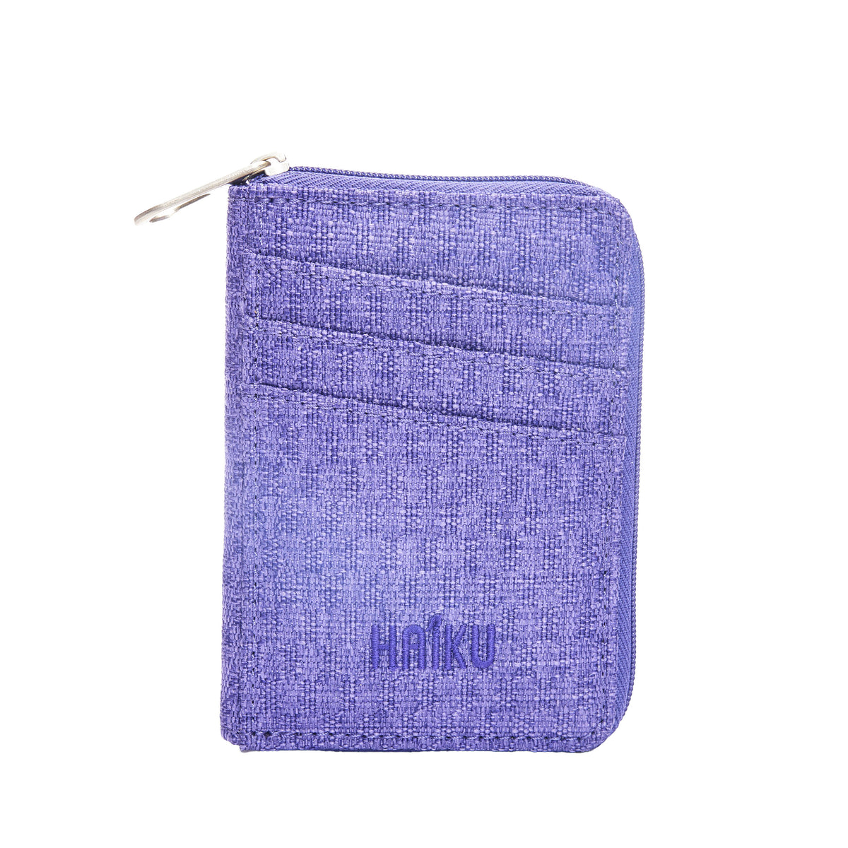 Purple fabric wallet with a zipper on a white background