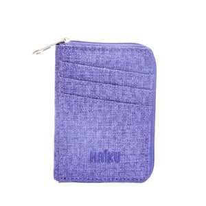 Purple fabric wallet with a zipper on a white background