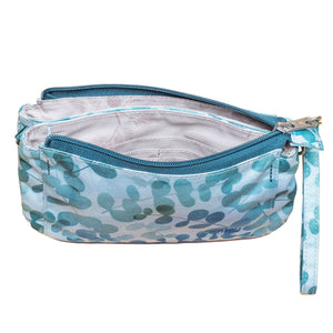 Light blue crossbody bag with floral design and 'HAIKU' branding on a white background
