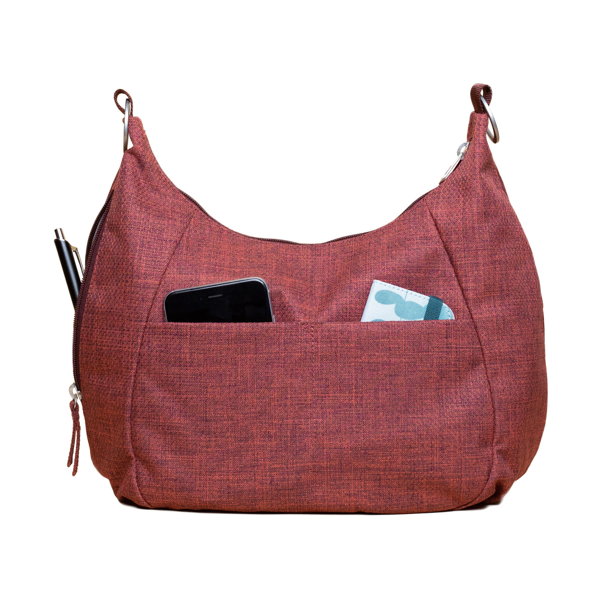 Poppy Berry Amble Hobo bag back view with phone pen and wallet