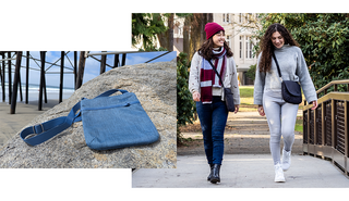 Collage of sustainably made women's crossbody bags