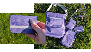 Collage of purple bags outside