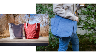 collage of photos of woman with a large carryall bag and two tote bags