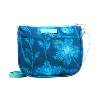 Blue Lark Crossbody bag with neon floral design on a white background 