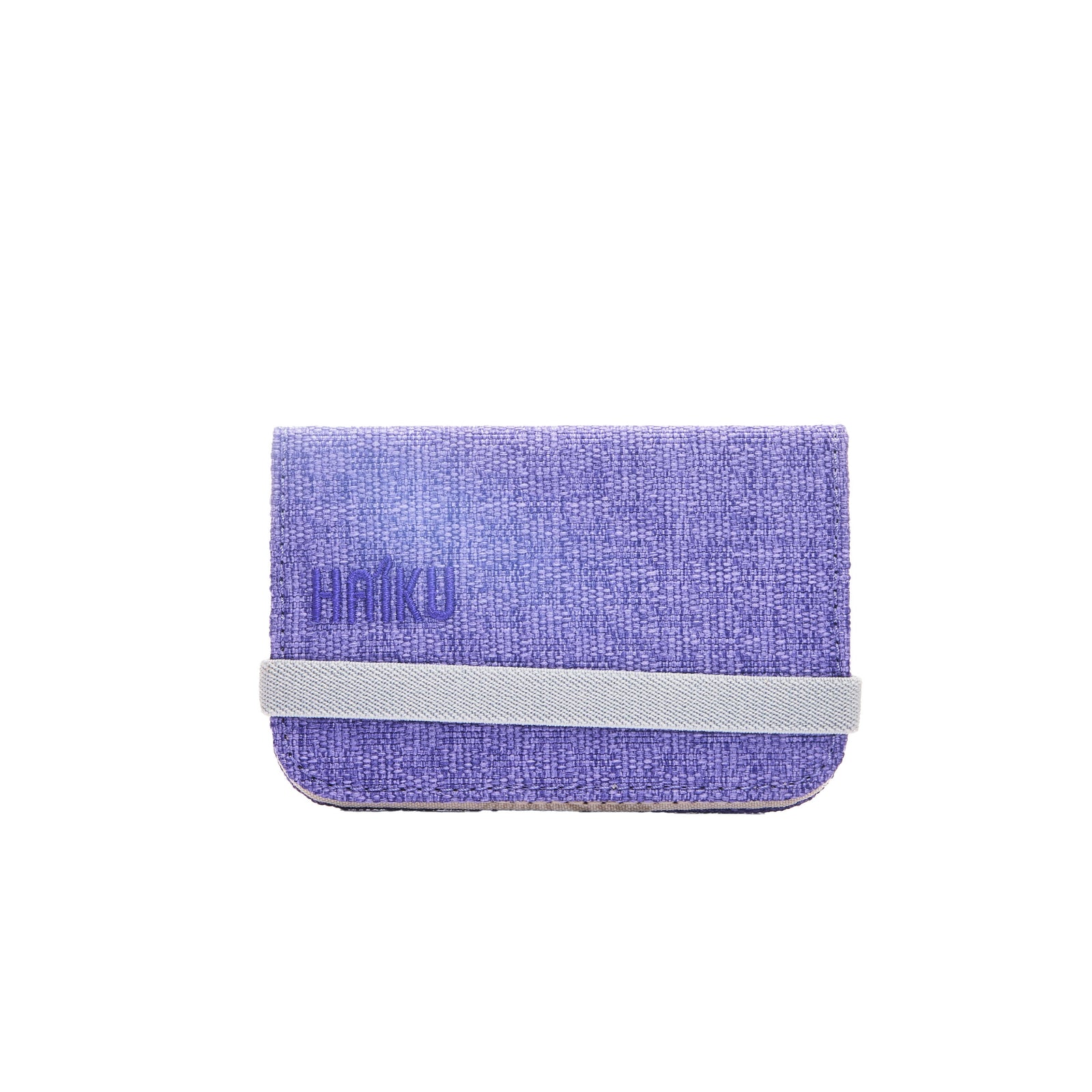 Purple fabric wallet with a gray strap on a white background