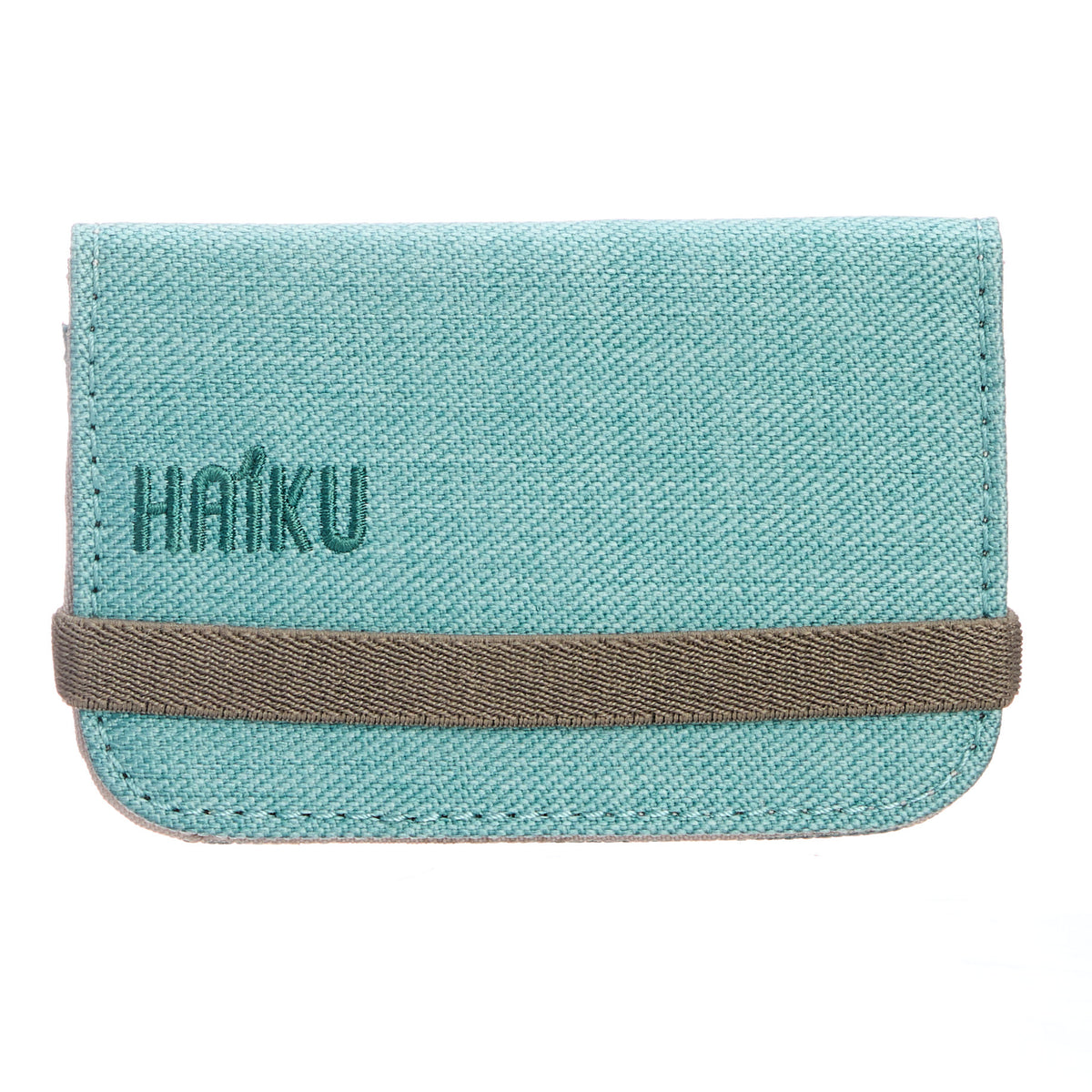 Teal cardholder with brown strap and &#39;Haiku&#39; branding on a white background