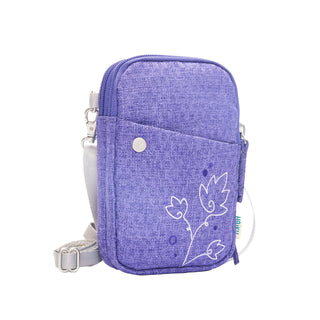 Purple crossbody bag with floral design on a white background