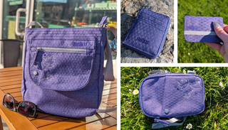 Collage of a purple bag and wallet with floral designs on grass and wooden surface.